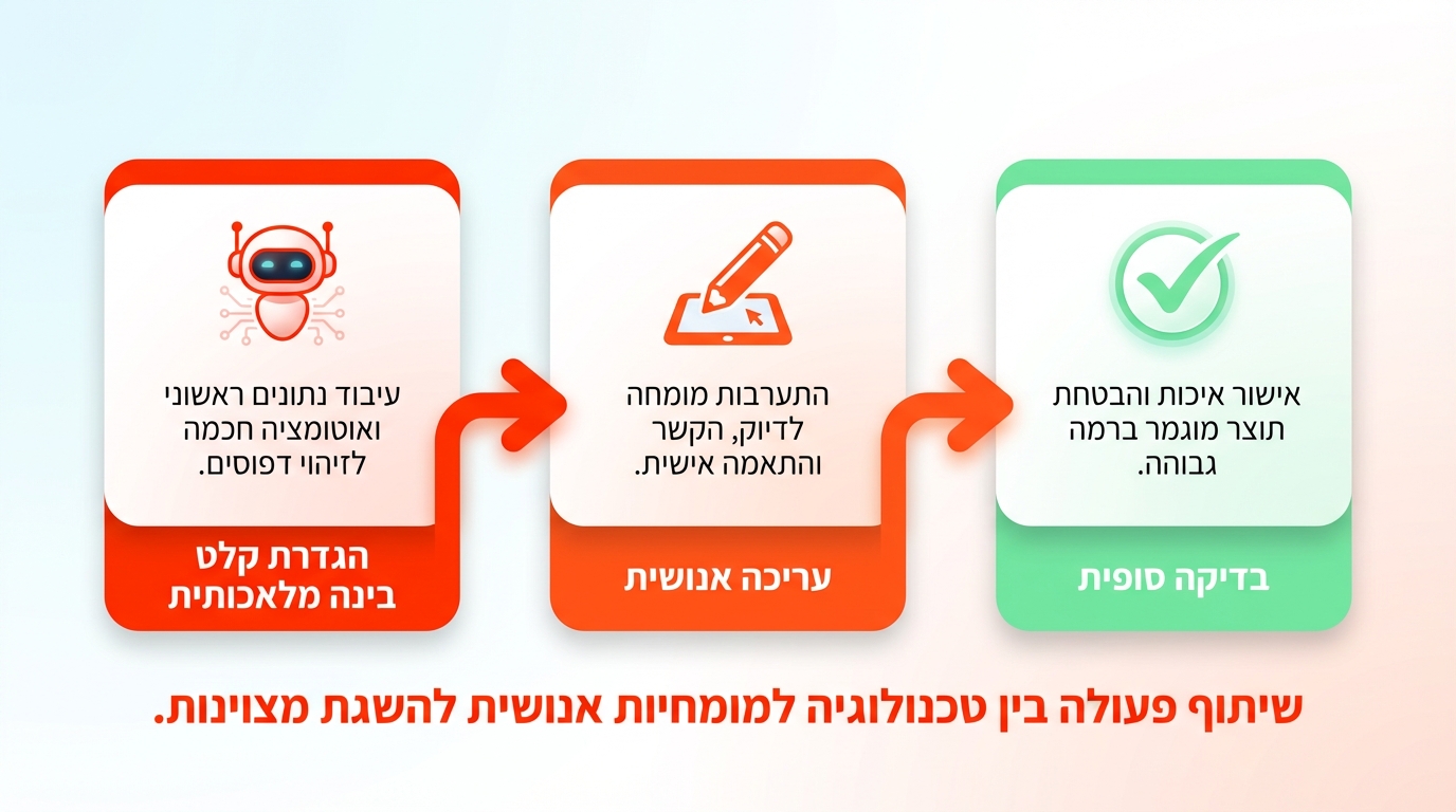 תרשים תהליך עבודה המשלב בינה מלאכותית עם בקרה אנושית לתוצאות שיווקיות טובות יותר